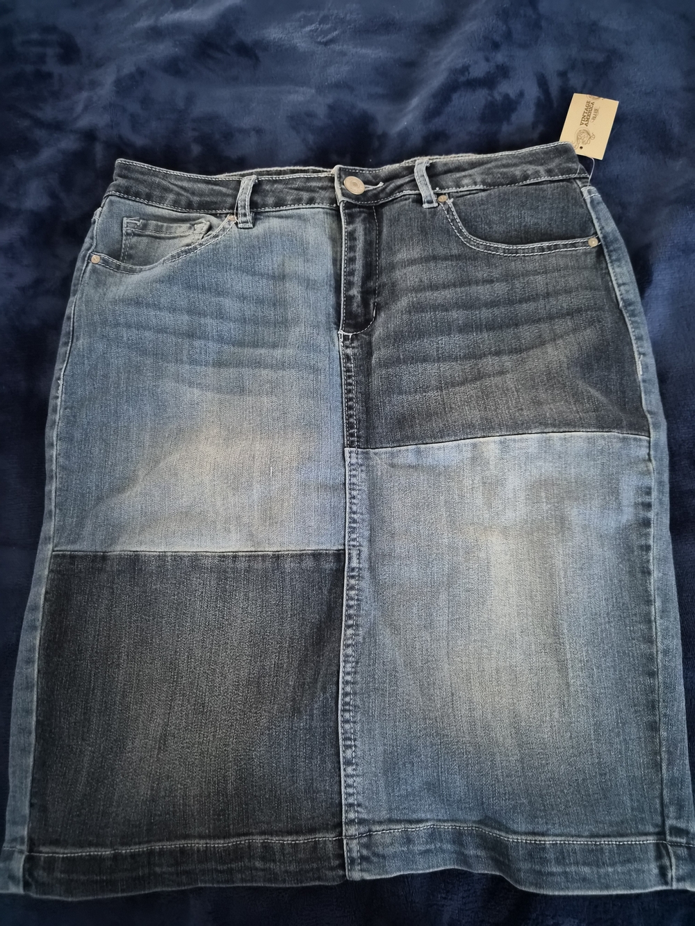 Vintage America Denim Patchwork Pencil Skirt - Blue